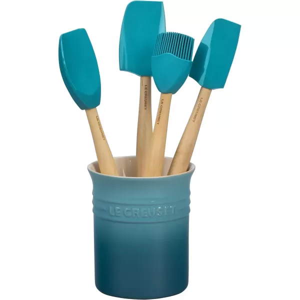 imageLe Creuset Silicone Craft Series Utensil Set with Stoneware Crock 5 pc CeriseCaribbean