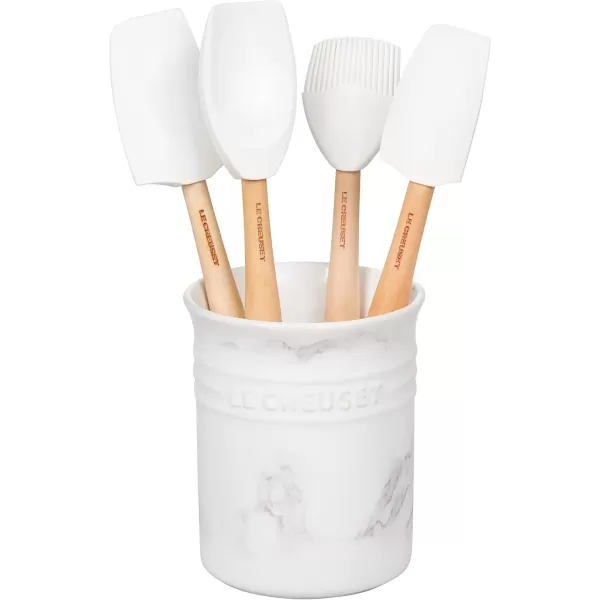 imageLe Creuset Silicone Craft Series Utensil Set with Stoneware Crock 5 pc CeriseMarble