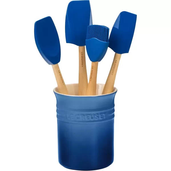 imageLe Creuset Silicone Craft Series Utensil Set with Stoneware Crock 5 pc CeriseMarseille