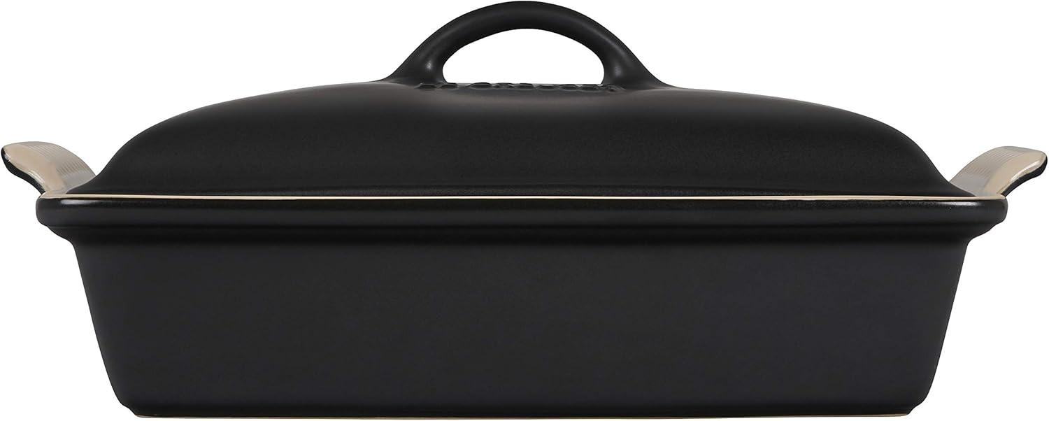 imageLe Creuset Stoneware Heritage Covered Rectangular Casserole 4 qt 12quot x 9quot WhiteLicorice