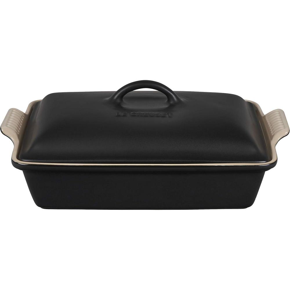 imageLe Creuset Stoneware Heritage Covered Rectangular Casserole 4 qt 12quot x 9quot WhiteLicorice