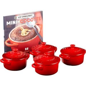 imageLe Creuset Stoneware Set of 4 Mini Cocottes with Cookbook 8 oz each CaribbeanCerise