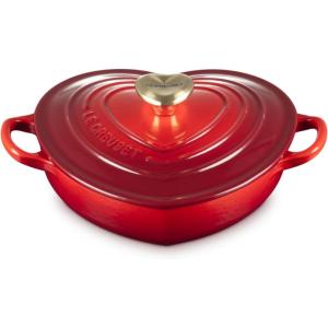 imageLe Creuset Enameled Cast Iron Traditional Shallow Heart Cocotte 125 Qt Peche Light Gold Heart KnobCerise