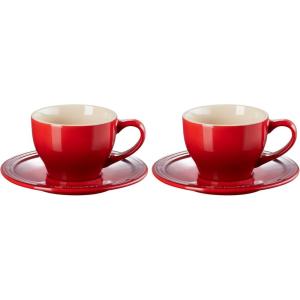 imageLe Creuset Stoneware Set of 2 Cappuccino Cups and Saucers  7 oz each WhiteRed