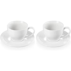 imageLe Creuset Stoneware Set of 2 Cappuccino Cups and Saucers  7 oz each WhiteWhite
