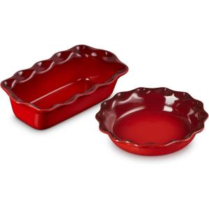 imageLe Creuset Stoneware Set of 2 9quot Heritage Fluted Pie and 9quot Fluted Loaf Dish CeriseCerise
