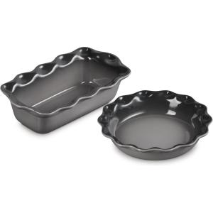 imageLe Creuset Stoneware Set of 2 9quot Heritage Fluted Pie and 9quot Fluted Loaf Dish CeriseOyster