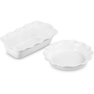 imageLe Creuset Stoneware Set of 2 9quot Heritage Fluted Pie and 9quot Fluted Loaf Dish CeriseWhite
