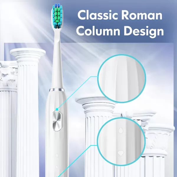imageDADATECH Electric Toothbrush for Adults and Kids Sonic Toothbrush Rechargeable with 9 Brush Heads 5 Modes and 2 Minutes Smart Timer 4Hours Charge for 60 Days Roman Column Handle PinkWhite With Silver Button