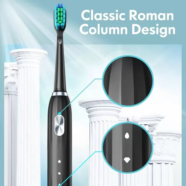 imageDADATECH Electric Toothbrush for Adults and Kids Sonic Toothbrush Rechargeable with 9 Brush Heads 5 Modes and 2 Minutes Smart Timer 4Hours Charge for 60 Days Roman Column Handle PinkBlack With Silver Button
