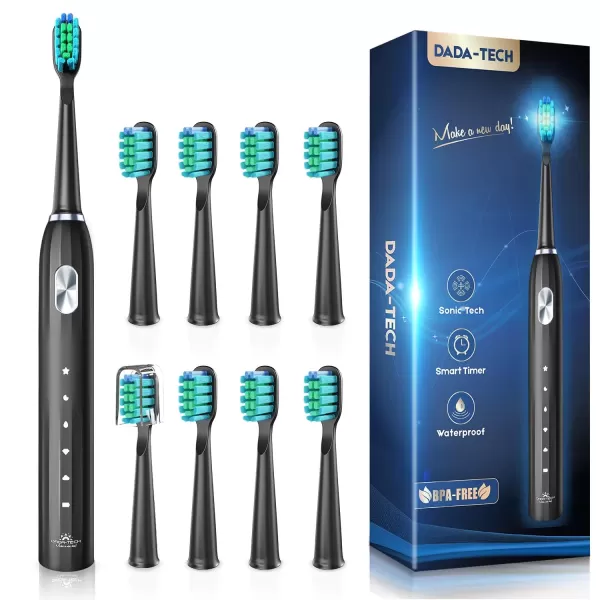 imageDADATECH Electric Toothbrush for Adults and Kids Sonic Toothbrush Rechargeable with 9 Brush Heads 5 Modes and 2 Minutes Smart Timer 4Hours Charge for 60 Days Roman Column Handle PinkBlack With Silver Button