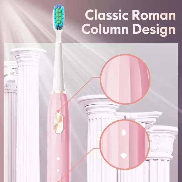 imageDADATECH Electric Toothbrush for Adults and Kids Sonic Toothbrush Rechargeable with 9 Brush Heads 5 Modes and 2 Minutes Smart Timer 4Hours Charge for 60 Days Roman Column Handle PinkPink