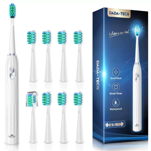 imageDADATECH Electric Toothbrush for Adults and Kids Sonic Toothbrush Rechargeable with 9 Brush Heads 5 Modes and 2 Minutes Smart Timer 4Hours Charge for 60 Days Roman Column Handle PinkWhite With Silver Button