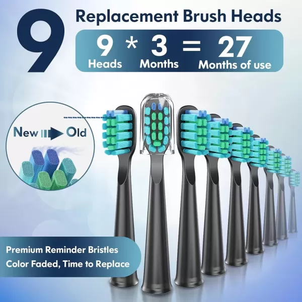 imageDADATECH Electric Toothbrush for Adults and Kids Sonic Toothbrush Rechargeable with 9 Brush Heads 5 Modes and 2 Minutes Smart Timer 4Hours Charge for 60 Days Roman Column Handle PinkBlack With Silver Button