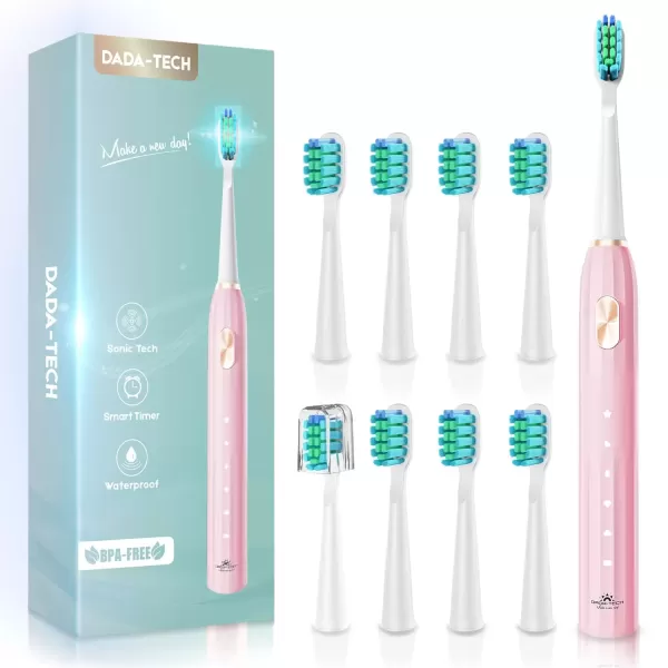 imageDADATECH Electric Toothbrush for Adults and Kids Sonic Toothbrush Rechargeable with 9 Brush Heads 5 Modes and 2 Minutes Smart Timer 4Hours Charge for 60 Days Roman Column Handle PinkPink