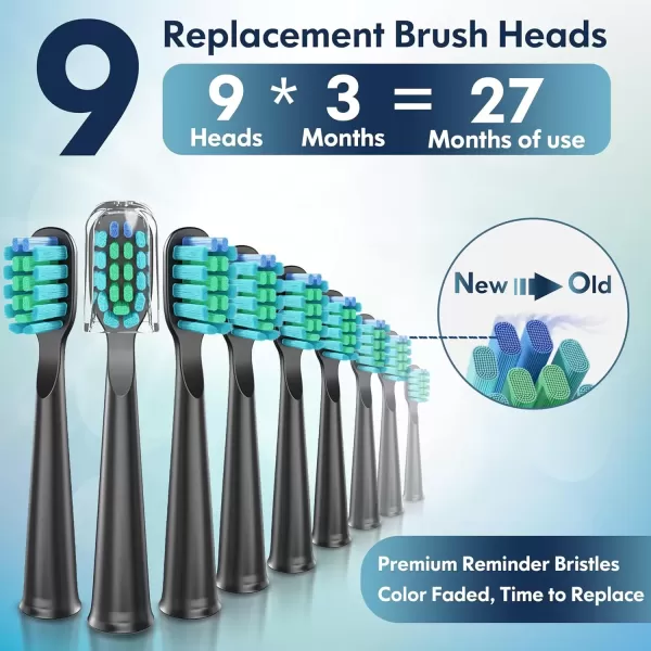 imageDADATECH Electric Toothbrush for Adults and Kids Sonic Toothbrush Rechargeable with 9 Brush Heads 5 Modes and 2 Minutes Smart Timer 4Hours Charge for 60 Days Roman Column Handle PinkBlack