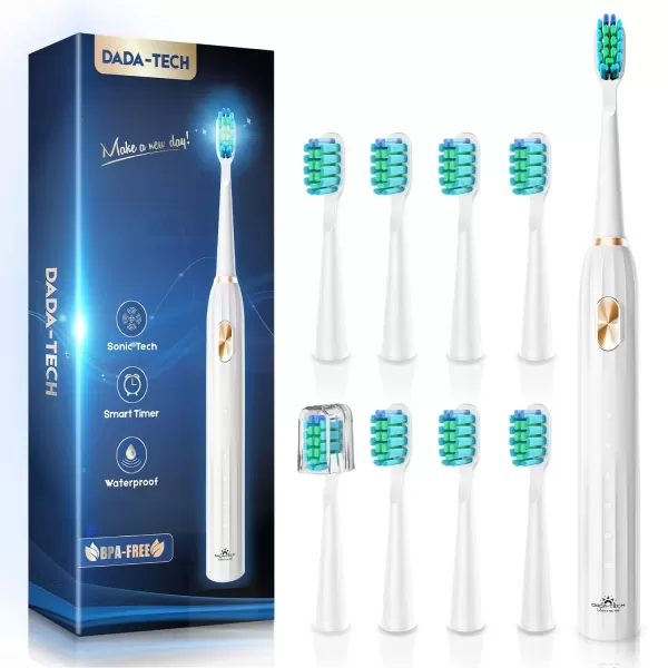 imageDADATECH Electric Toothbrush for Adults and Kids Sonic Toothbrush Rechargeable with 9 Brush Heads 5 Modes and 2 Minutes Smart Timer 4Hours Charge for 60 Days Roman Column Handle PinkWhite