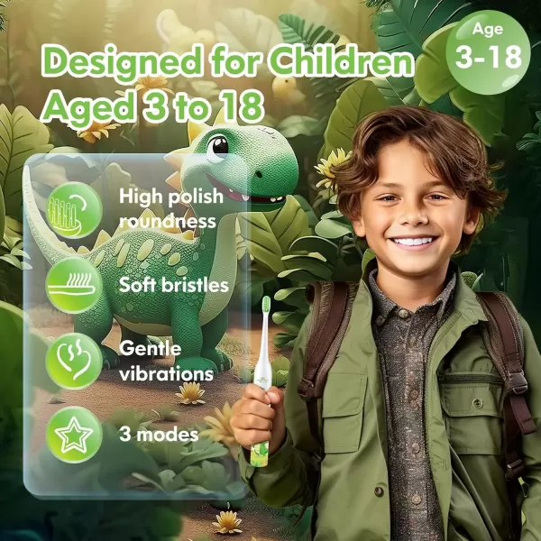imageKids Electric Toothbrush Rechargeable Age 3561218 Year Old Dinosaur Toothbrush for Kids with Timer 3 Modes 4 Vibrating Heads Habit Stickers 31000VPM Boys Electric Toothbrush Dinosaur WhiteDinosaur White