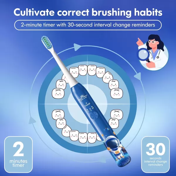 imageKids Electric Toothbrush Rechargeable Age 3561218 Year Old Dinosaur Toothbrush for Kids with Timer 3 Modes 4 Vibrating Heads Habit Stickers 31000VPM Boys Electric Toothbrush Dinosaur WhiteAstronaut Blue