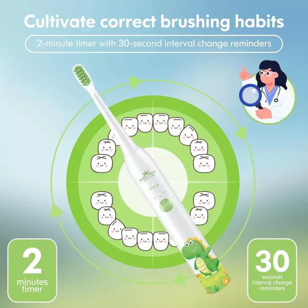 imageKids Electric Toothbrush Rechargeable Age 3561218 Year Old Dinosaur Toothbrush for Kids with Timer 3 Modes 4 Vibrating Heads Habit Stickers 31000VPM Boys Electric Toothbrush Dinosaur WhiteDinosaur White