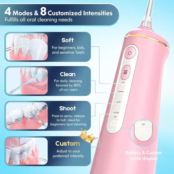 imageWater Flosser for Teeth Cordless Oral Irrigator Portable Dental Cleaner Picks with 8 DIY Modes 7 Jets 300ml Tank Braces Flossers Rechargeable BlackPink