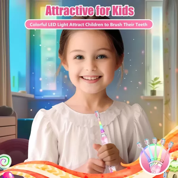 imageKids Electric Toothbrush Toddler Toothbrush Age 24812 Electric Toothbrush Kids with Timer Rainbow LED Light Up Vibrating Toothbrush Battery Operated Childrens Sonic Tooth Brush Astronauts BlueRabbit Pink