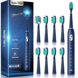 imageDADATECH Electric Toothbrush for Adults and Kids Sonic Toothbrush Rechargeable with 9 Brush Heads 5 Modes and 2 Minutes Smart Timer 4Hours Charge for 60 Days Roman Column Handle PinkBlue New