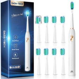 imageDADATECH Electric Toothbrush for Adults and Kids Sonic Toothbrush Rechargeable with 9 Brush Heads 5 Modes and 2 Minutes Smart Timer 4Hours Charge for 60 Days Roman Column Handle PinkWhite New