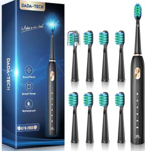 imageDADATECH Electric Toothbrush for Adults and Kids Sonic Toothbrush Rechargeable with 9 Brush Heads 5 Modes and 2 Minutes Smart Timer 4Hours Charge for 60 Days Roman Column Handle PinkBlacknew