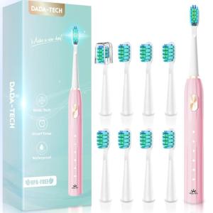 imageDADATECH Electric Toothbrush for Adults and Kids Sonic Toothbrush Rechargeable with 9 Brush Heads 5 Modes and 2 Minutes Smart Timer 4Hours Charge for 60 Days Roman Column Handle PinkPink New