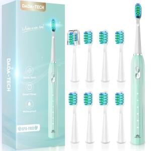 imageDADATECH Electric Toothbrush for Adults and Kids Sonic Toothbrush Rechargeable with 9 Brush Heads 5 Modes and 2 Minutes Smart Timer 4Hours Charge for 60 Days Roman Column Handle PinkGreen New
