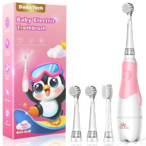 imageDADATECH Toddler Electric Toothbrush Kids Age 123 Years Old Baby Electric Toothbrush with LED Light 2 Minutes Timer 4 Vibrating Heads for Infants Toothbrush 6 to 12 Months and UpPink AstronautPink Penguin