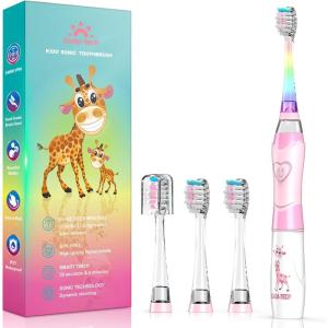imageKids Electric Toothbrush Toddler Toothbrush Age 24812 Electric Toothbrush Kids with Timer Rainbow LED Light Up Vibrating Toothbrush Battery Operated Childrens Sonic Tooth Brush Green GiraffePink
