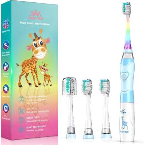 imageKids Electric Toothbrush Toddler Toothbrush Age 24812 Electric Toothbrush Kids with Timer Rainbow LED Light Up Vibrating Toothbrush Battery Operated Childrens Sonic Tooth Brush Green GiraffeBlue