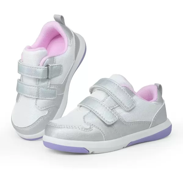 imageSKYWHEEL Toddler Boys Girls Tennis Shoes Kids Slip On Barefoot Shoes Wide Casual Walking Running Sneakers for Little KidsSilver Toddler Shoes