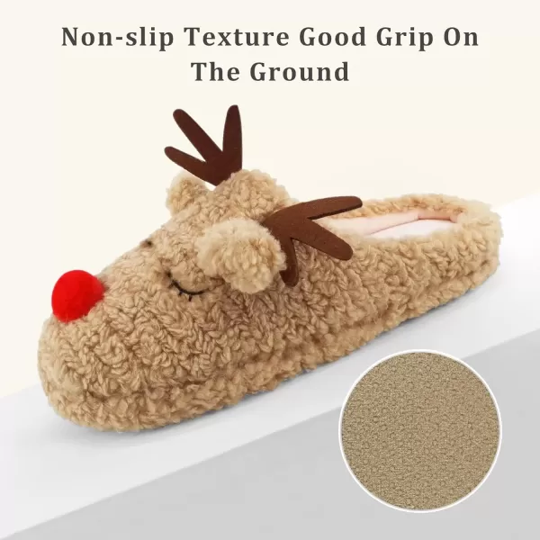 imageSKYWHEEL Womens Reindeer Slippers Christmas Family Holiday Slippers for Winter House Outdoor Indoor Bedroom Soft Comfy Plush Warm Nonslip SlippersBeige Reindeer Slipper