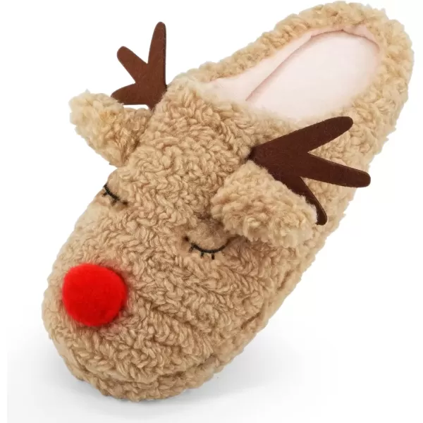 imageSKYWHEEL Womens Reindeer Slippers Christmas Family Holiday Slippers for Winter House Outdoor Indoor Bedroom Soft Comfy Plush Warm Nonslip SlippersBeige Reindeer Slipper