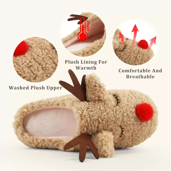 imageSKYWHEEL Womens Reindeer Slippers Christmas Family Holiday Slippers for Winter House Outdoor Indoor Bedroom Soft Comfy Plush Warm Nonslip SlippersBeige Reindeer Slipper
