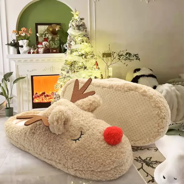 imageSKYWHEEL Womens Reindeer Slippers Christmas Family Holiday Slippers for Winter House Outdoor Indoor Bedroom Soft Comfy Plush Warm Nonslip SlippersBeige Reindeer Slipper