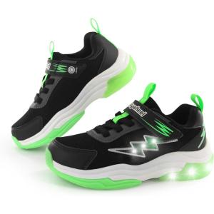 imageSKYWHEEL Kids Sneakers for Boys Light Up Shoes with Switch Tennis Running Athletic Shoes Toddler Size 10 to Big Kids Size 5BlackGreen Kids Ligth Up Shoes