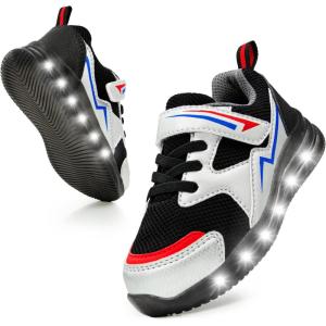imageSKYWHEEL Toddler Girls Boys Light up Shoes LED Flashing Lightweight Mesh Breathable Walking Sneakers for Toddler and Little Kids RunningBlack Silver Light Up Shoes