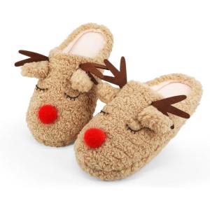 imageSKYWHEEL Womens Reindeer Slippers  Comfortable Plush Warm NonSlip Slippers for Christmas Family Holiday Winter House Indoor Outdoor BedroomBeige Reindeer Slipper