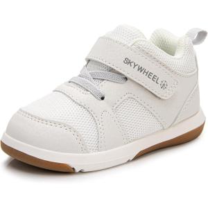 imageSKYWHEEL Boys High Top Sneakers Toddler Boots with Hook and Loop Ankle Support Wide Toe Shoes for KidsBeige White