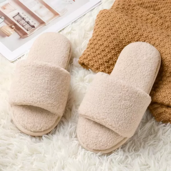 imageMIXIN Womens Open Toe Slippers Indoor Warm Fuzzy Fur Lining Soft AntiSlip House ShoesBeige