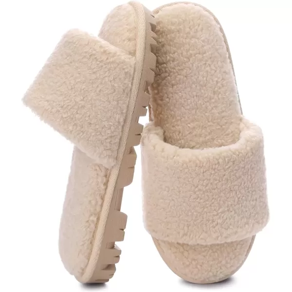imageMIXIN Womens Open Toe Slippers Indoor Warm Fuzzy Fur Lining Soft AntiSlip House ShoesBeige