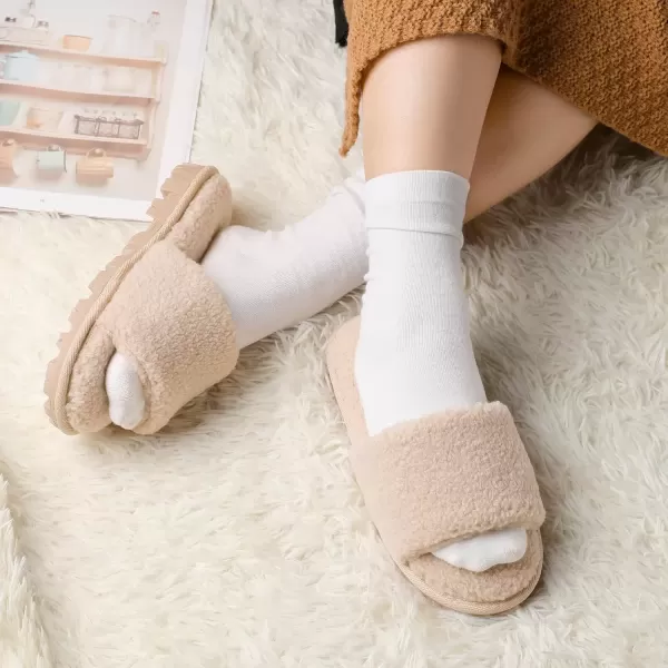 imageMIXIN Womens Open Toe Slippers Indoor Warm Fuzzy Fur Lining Soft AntiSlip House ShoesBeige