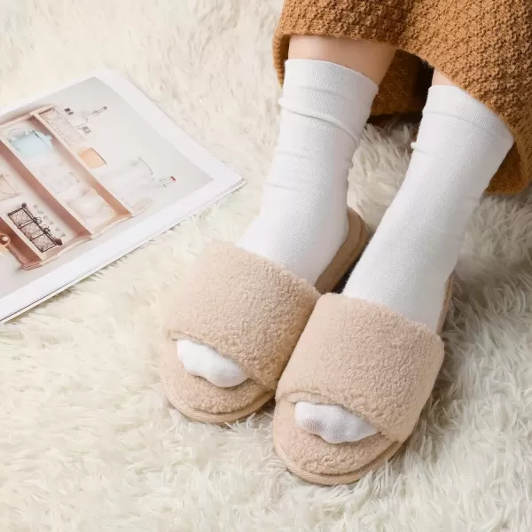 imageMIXIN Womens Open Toe Slippers Indoor Warm Fuzzy Fur Lining Soft AntiSlip House ShoesBeige