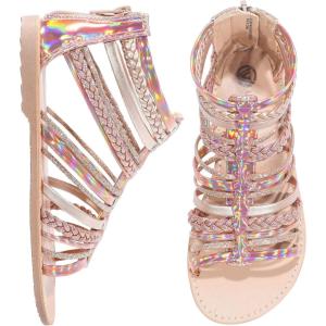 imageMIXIN Girls Gladiator Sandals Shimmer Strapped Summer Flat Open Toe Ankle Sandals with Heel Zipper for LittleBig Kids