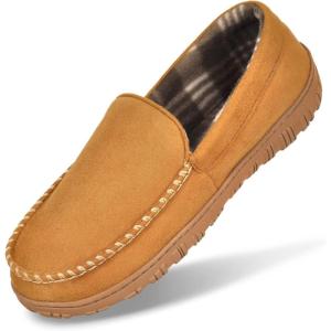 imageMIXIN Mens Moccasins Slippers Slip On House Shoes with Warm and Cozy Memory Foam Hard Sole Indoor OutdoorBeige
