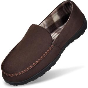 imageMIXIN Mens Moccasins Slippers Slip On House Shoes with Warm and Cozy Memory Foam Hard Sole Indoor OutdoorBrown